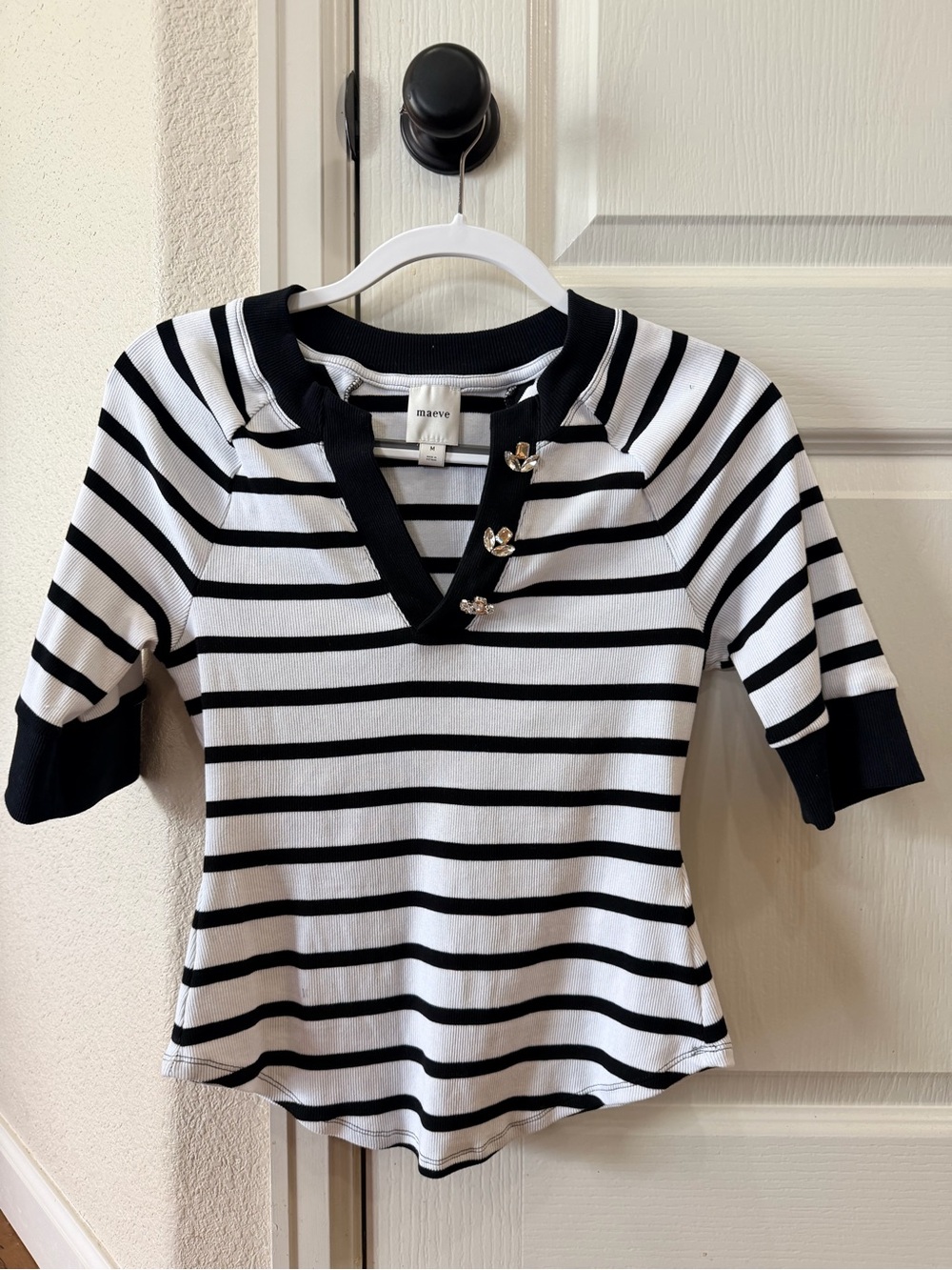 Anthropology- Maeve Black & White Striped fitted V-Neck Tee with Button Accents